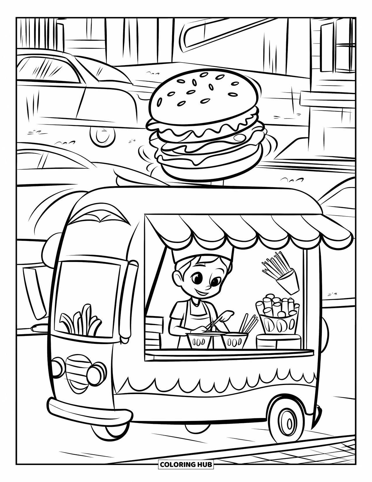 Cooking Coloring Page for Kids: A cheerful food truck scene with a teen chef and a customer