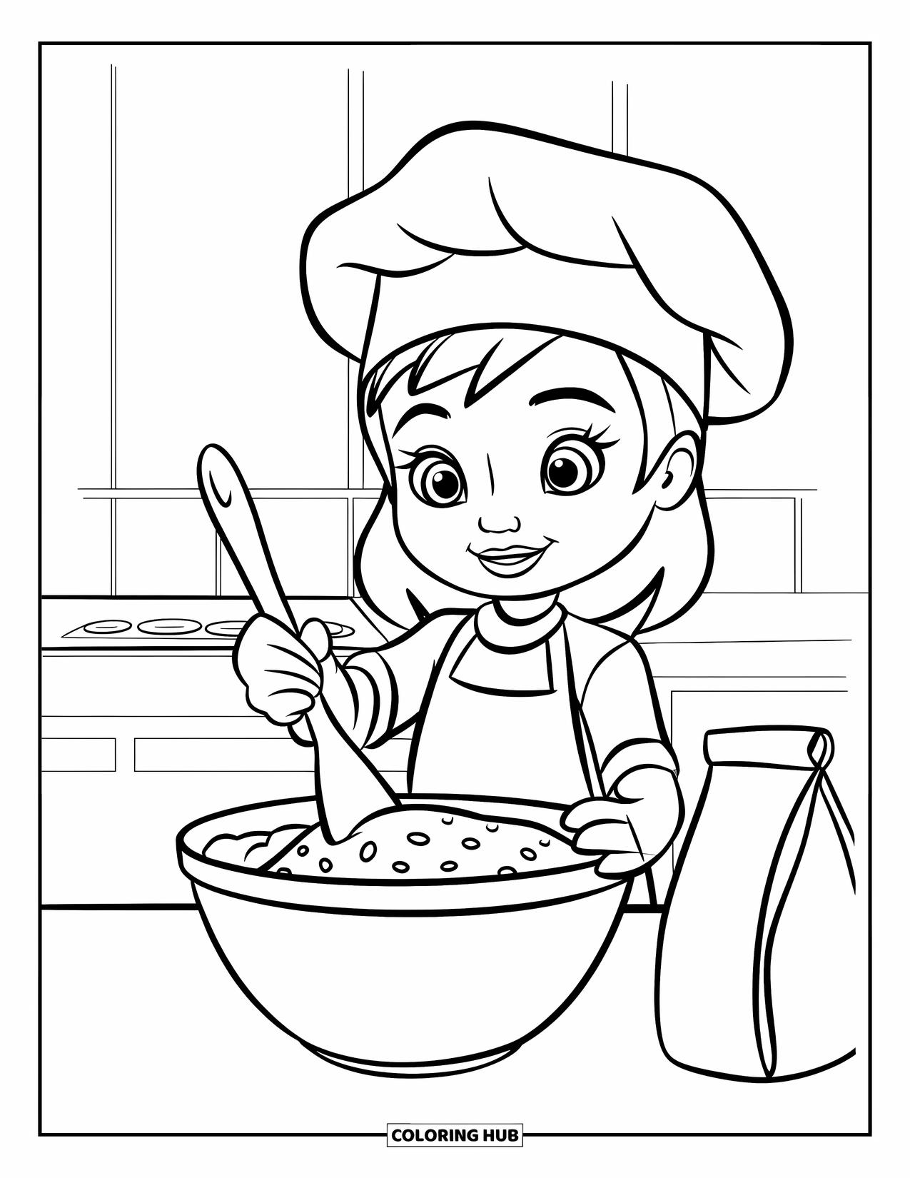 Cooking Coloring Page for Kids: A child chef mixing cookie dough with flour and a wooden spoon