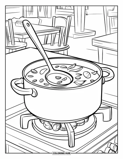 子ども向け料理のぬりえ：温かみのあるキッチンでコンロにスープの鍋が載っている