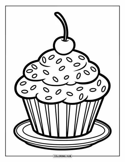 子ども向け料理のぬりえ：お皿の上にスプリンクルとチェリーが乗ったカップケーキ