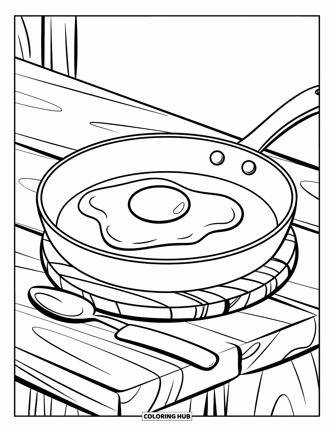 Cooking Coloring Page for Kids: A frying pan with a sunny-side-up egg on a wooden surface