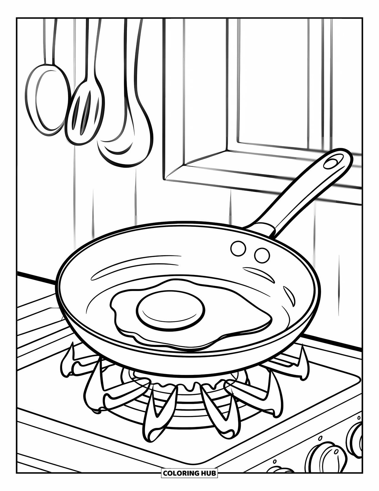 Cooking Coloring Page for Kids: A frying pan with an egg cooking over flames on the stove