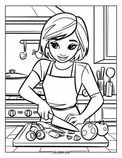 子ども向け料理のぬりえ：エプロンをつけた女の子がキッチンで野菜を切っている