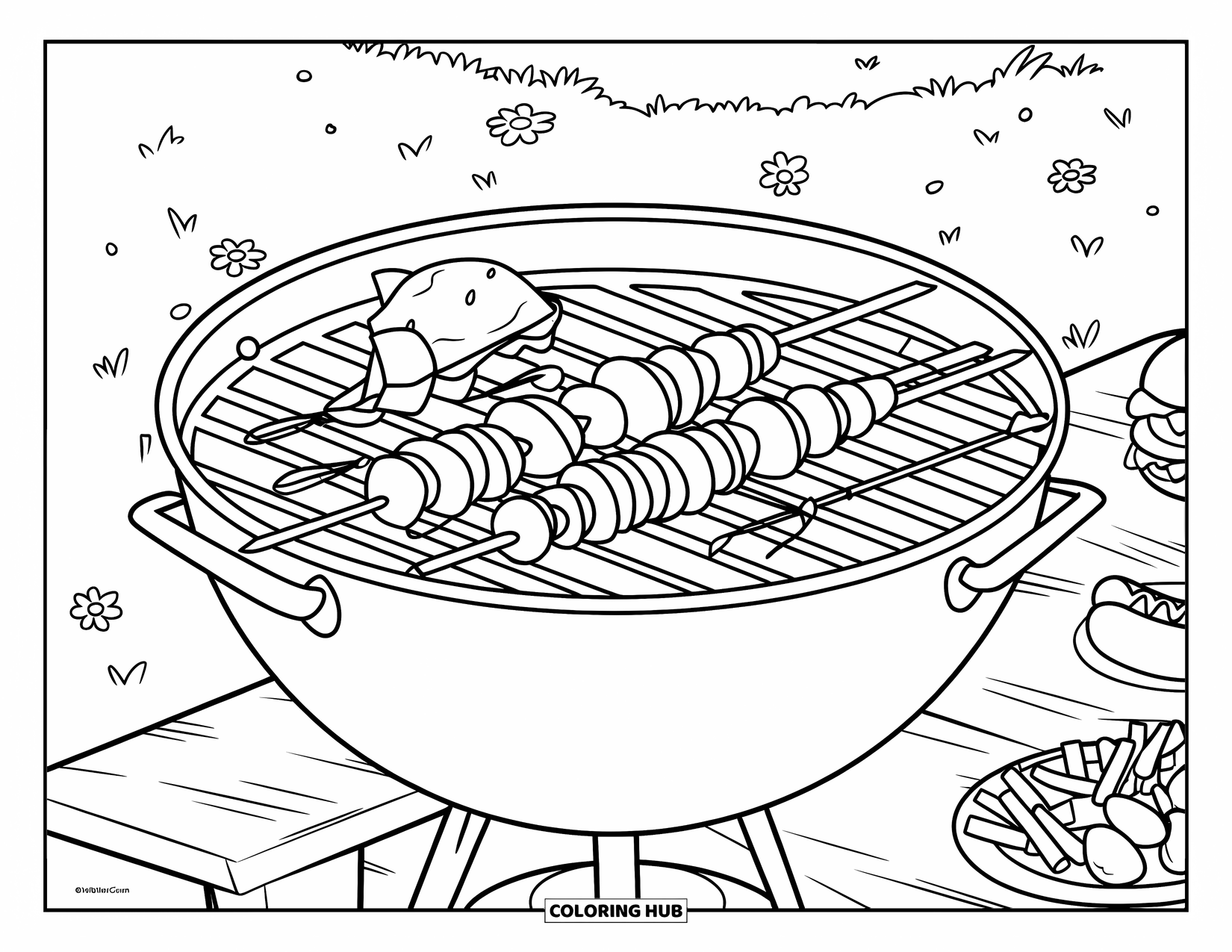 Cooking Coloring Page for Kids: A grill with skewers, burgers, and fries in a field setting