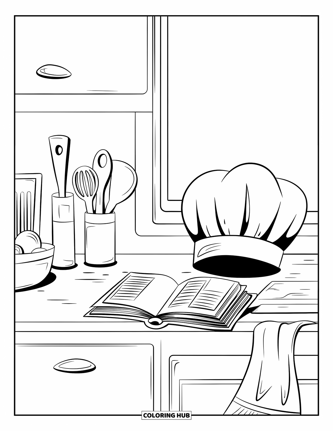 Cooking Coloring Page for Kids: A kitchen counter with utensils and an open recipe book