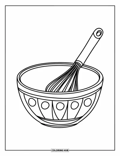 子ども向け料理のぬりえ：泡立て器が入ったミキシングボウル