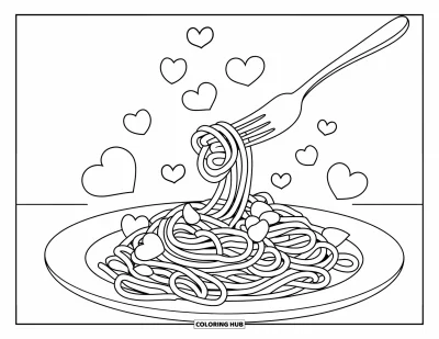 子ども向け料理のぬりえ：フォークで麺をくるくると巻き、ハートが散りばめられたスパゲッティ