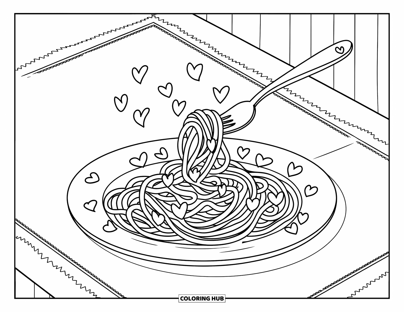 Cooking Coloring Page for Kids: A plate of spaghetti with noodles, hearts, and a heart-handled fork