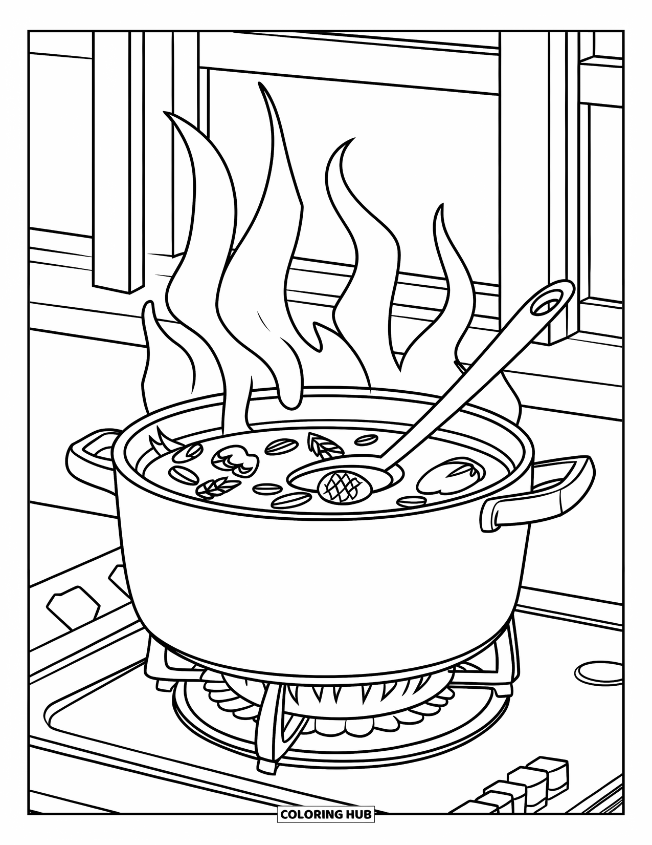 Cooking Coloring Page for Kids: A pot of soup with vegetables simmering on a stove