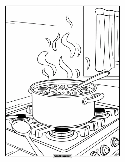 子ども向け料理のぬりえ：コンロで野菜入りスープが湯気を上げている鍋