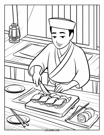 子ども向け料理のぬりえ：箸と新鮮な食材を使って巻き寿司を準備する寿司職人