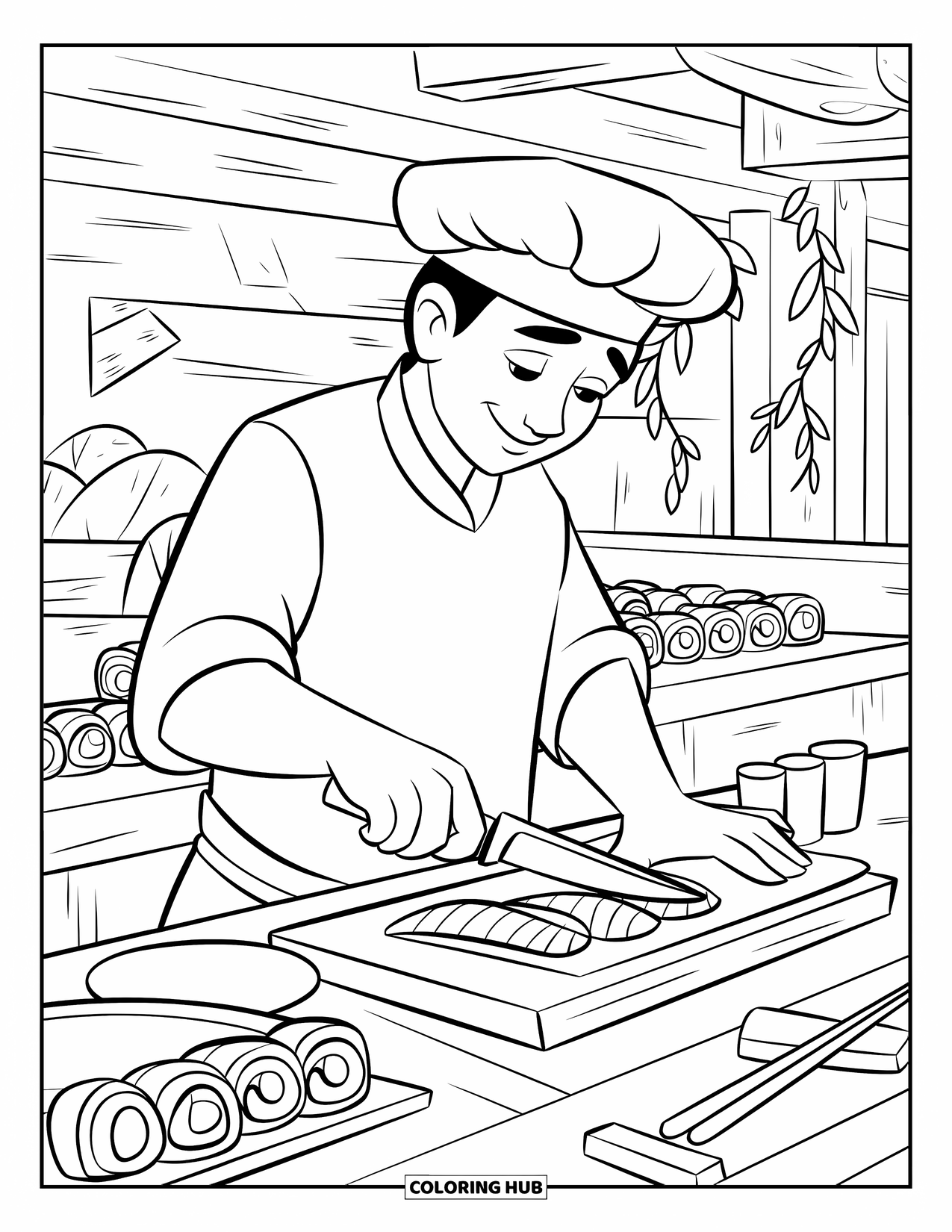 Cooking Coloring Page for Kids: A sushi chef slicing fish at a sushi bar with rolls nearby