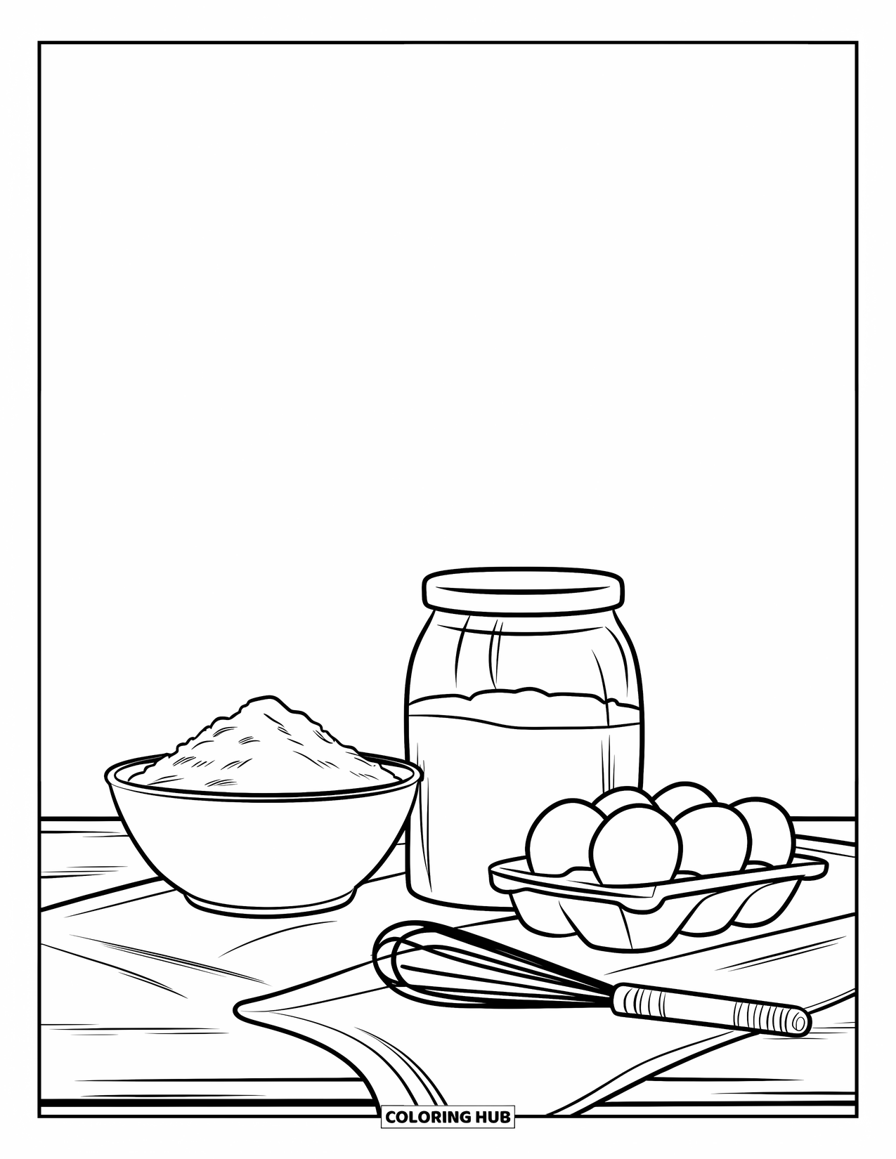 Cooking Coloring Page for Kids: A table with flour, sugar, eggs, a whisk, and a spatula