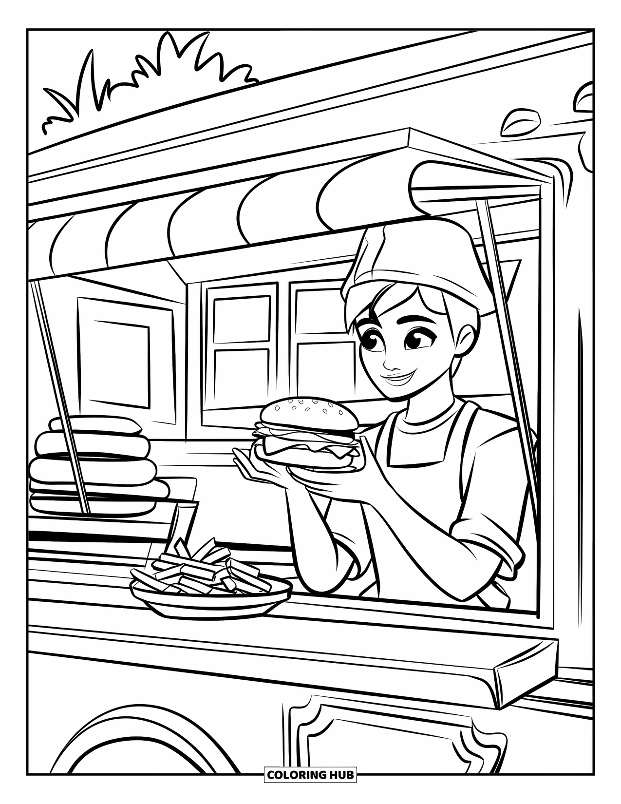 Cooking Coloring Page for Kids: A teen chef holding a burger inside a food truck