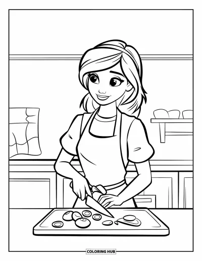 子ども向け料理のぬりえ：キッチンで包丁を使って野菜を準備するティーンの女の子