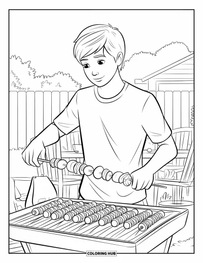 子ども向け料理のぬりえ：裏庭のバーベキューで串を焼くティーン