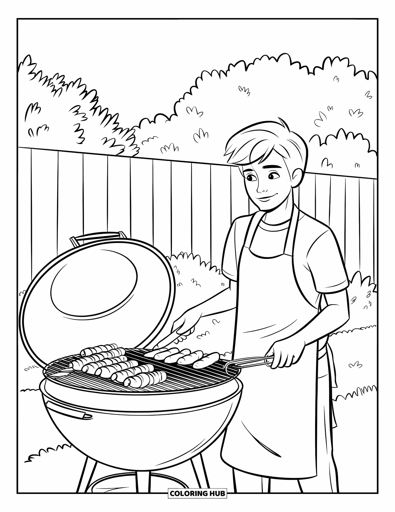 Cooking Coloring Page for Kids: A teen in an apron grilling kebabs in a modern backyard