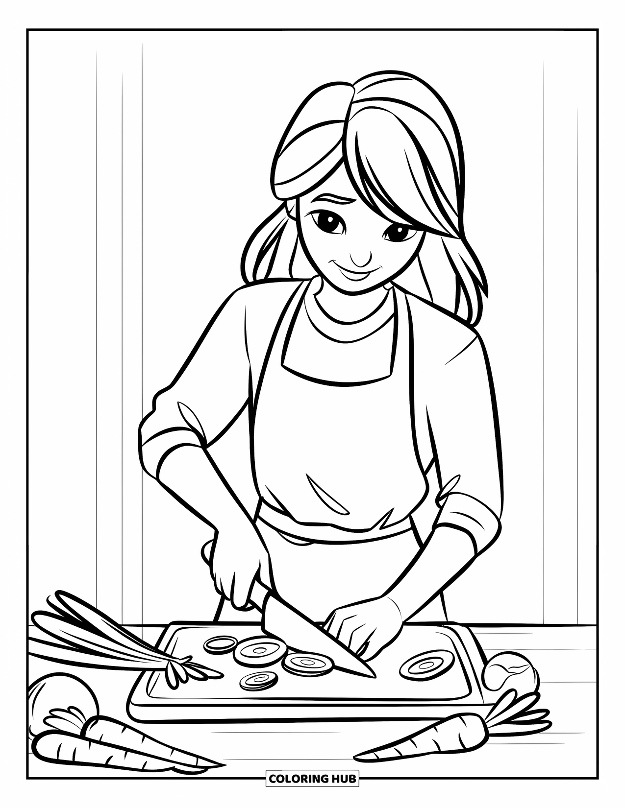 Cooking Coloring Page for Kids: A teen slicing vegetables on a cutting board