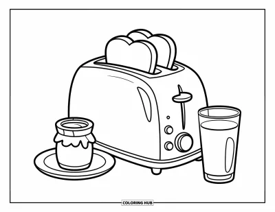 子ども向け料理のぬりえ：ジャムと牛乳のそばからトーストが飛び出るトースター