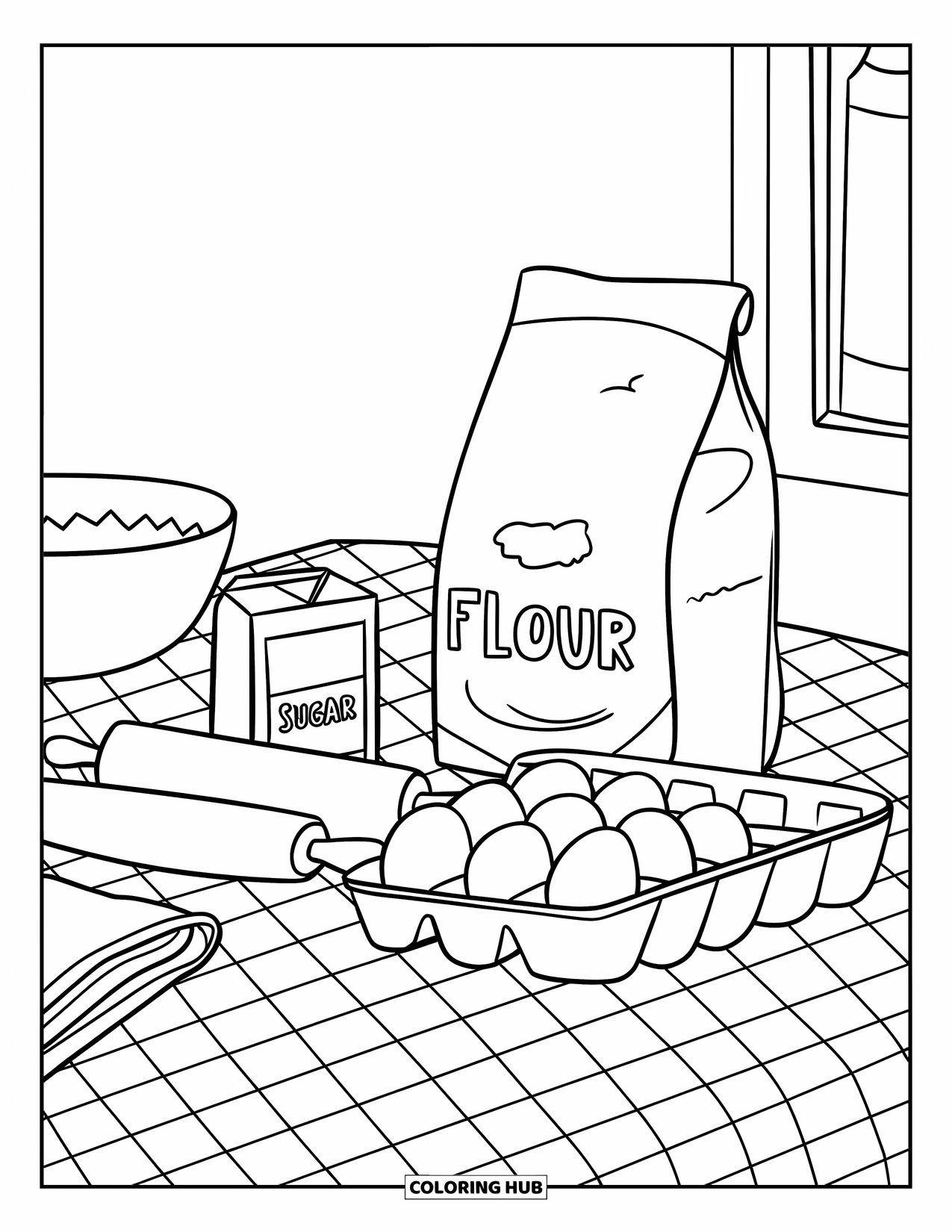 Cooking Coloring Page for Kids: Flour, sugar, eggs, and a rolling pin arranged neatly on a table