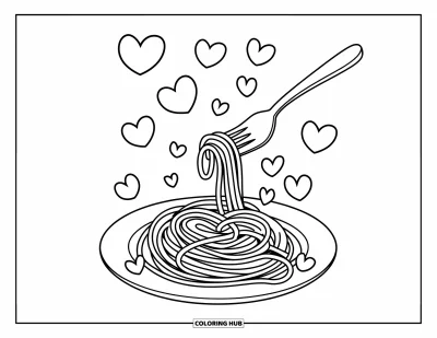 子ども向け料理のぬりえ：フォークで巻いたスパゲッティの麺と上に漂うハート