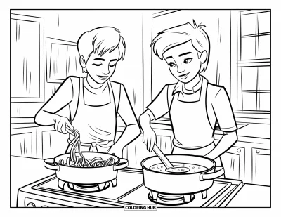 子ども向け料理のぬりえ：エプロン姿のティーンたちがコンロでパスタとソースを作っている