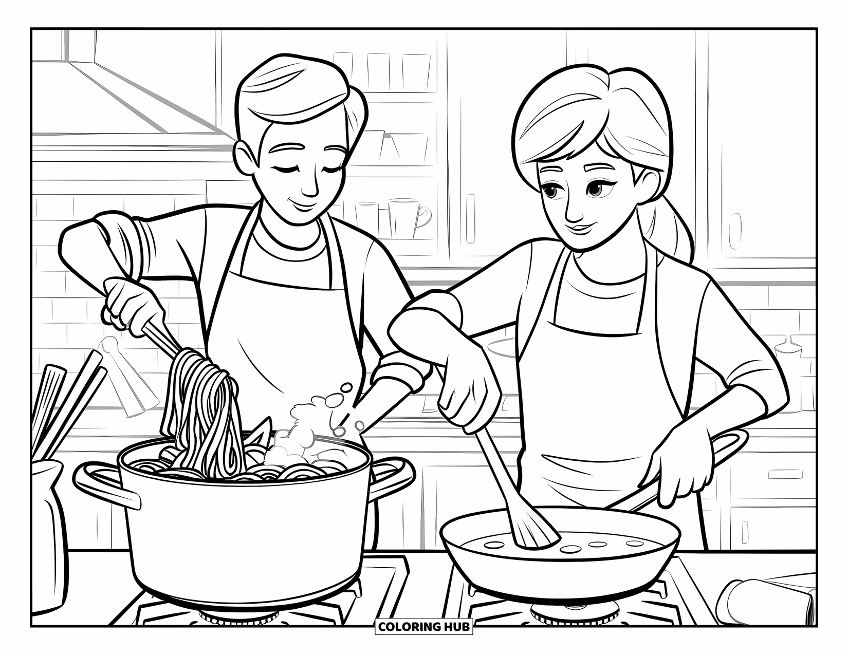 Cooking Coloring Page for Kids: Two teens cooking pasta and sauce together in the kitchen