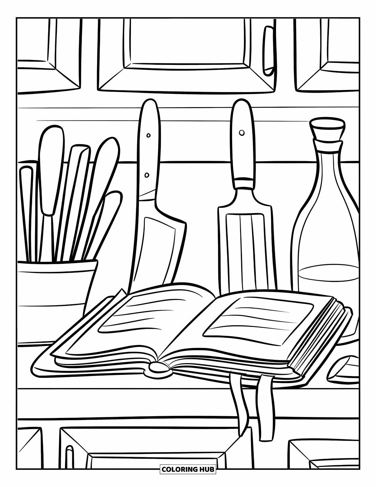 Cooking Coloring Page for Kids: Wooden counter with utensils, a bottle, and an open recipe book