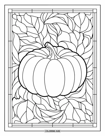Coloriage d'automne douillet pour adultes : Une grande citrouille repose dans un motif de feuilles en vitrail