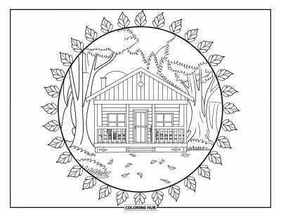 Coloriage d'automne douillet pour adultes : Une cabane avec une véranda se trouve parmi les arbres d'automne, encadrée par un mandala de feuilles