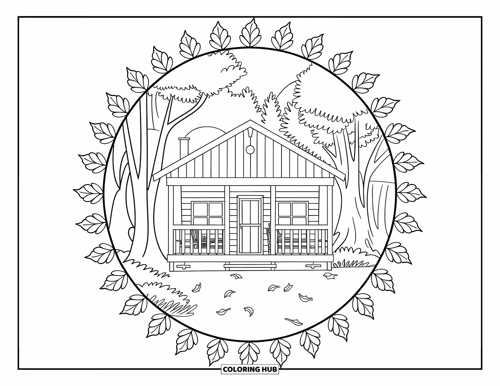 Cozy Fall Coloring Page for Adults: A cabin with a porch sits among fall trees, framed by a leaf mandala