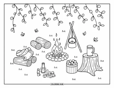 Coloriage d'automne douillet pour adultes : Une scène de feu de camp dans les bois avec des couvertures, des lanternes et un encas réconfortant