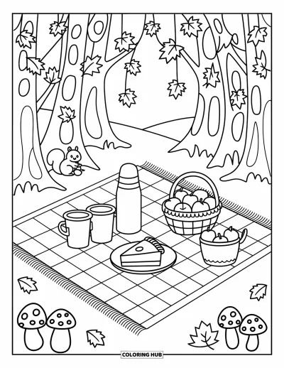 Coloriage d'automne douillet pour adultes : Un pique-nique en forêt avec du thé, des pommes, des feuilles qui tombent et un écureuil curieux