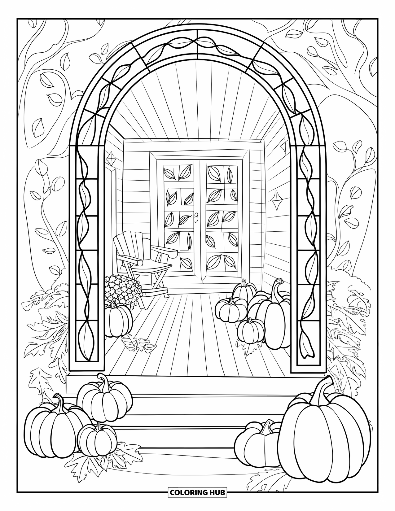 Cozy Fall Coloring Page for Adults: A cozy porch with pumpkins and leaves under a stained glass arch