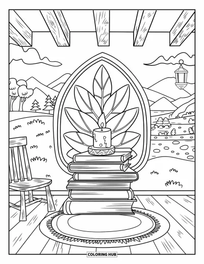 Coloriage d'automne douillet pour adultes : Une pièce chaleureuse avec des livres, une bougie et une fenêtre donnant sur la nature