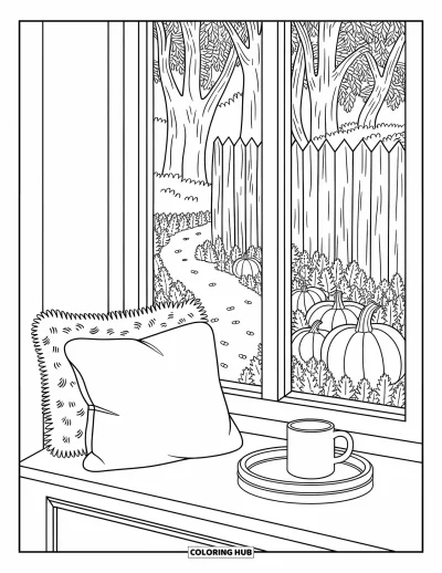 Coloriage d'automne douillet pour adultes : Un coin fenêtre douillet avec des livres, un coussin, une boisson chaude et une vue sur la forêt