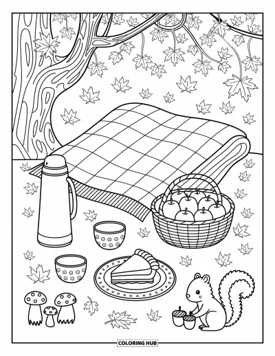 Coloriage d'automne douillet pour adultes : Une couverture étalée en forêt avec une tarte, des boissons, des pommes et un écureuil près de glands