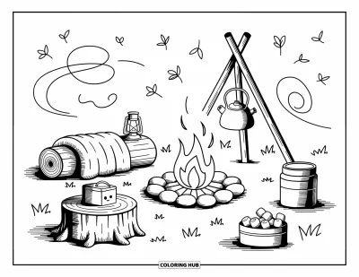 Coloriage d'automne douillet pour adultes : Une clairière en forêt avec un feu de camp chaleureux, une bouilloire et des bûches recouvertes d'une couverture