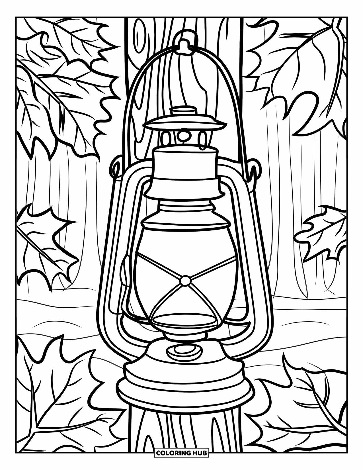 Cozy Fall Coloring Page for Adults: A hanging lantern with stained glass leaves sits in a peaceful forest