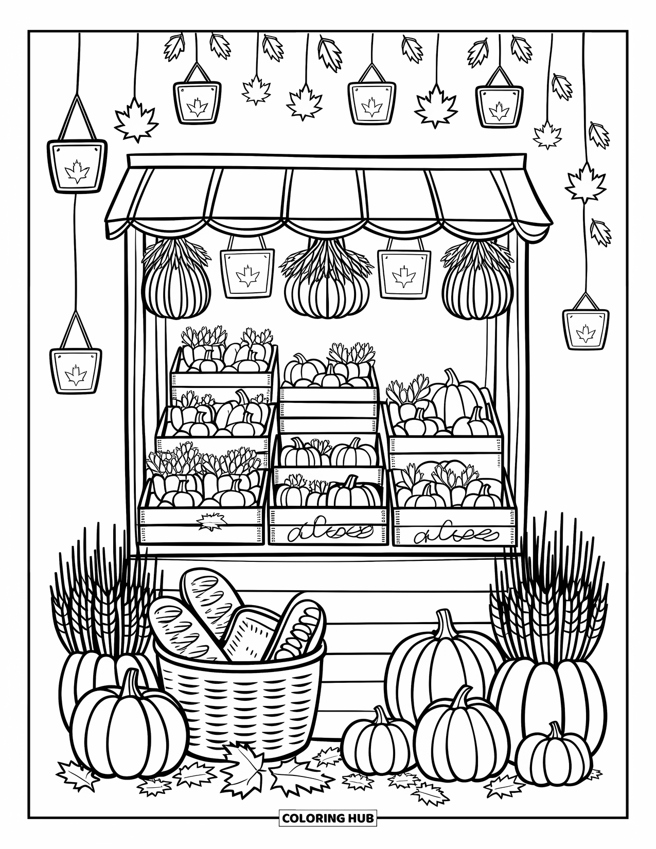 Cozy Fall Coloring Page for Adults: A harvest booth with crates of food, baked goods, lanterns, and golden wheat