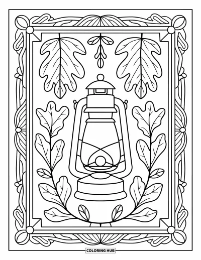 Coloriage d'automne douillet pour adultes : Une lanterne encadrée de feuilles en vitrail se détache sur un fond en bois sculpté