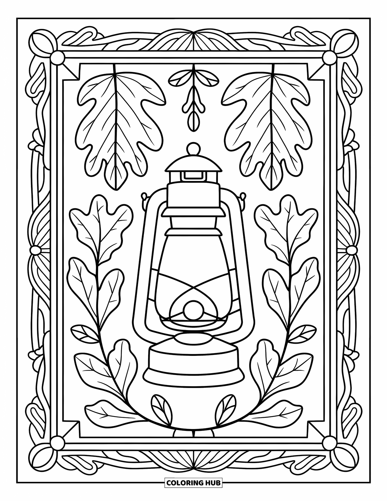Cozy Fall Coloring Page for Adults: A lantern framed by stained glass leaves sits against a carved wooden background