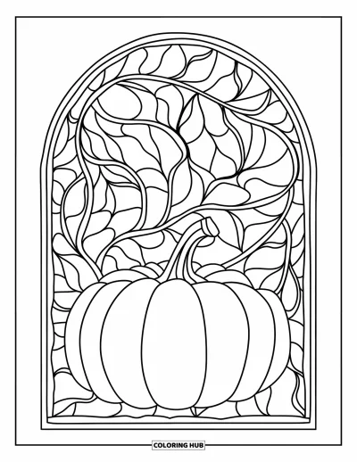 Coloriage d'automne douillet pour adultes : Une grande citrouille se trouve dans des feuilles en vitrail tourbillonnantes