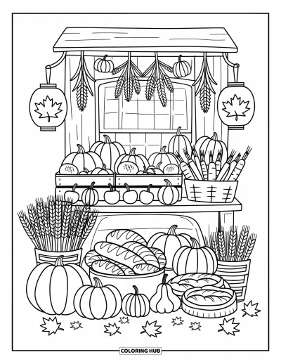 Coloriage d'automne douillet pour adultes : Un étal de marché débordant de produits d'automne, de pain et de décorations saisonnières accueillantes