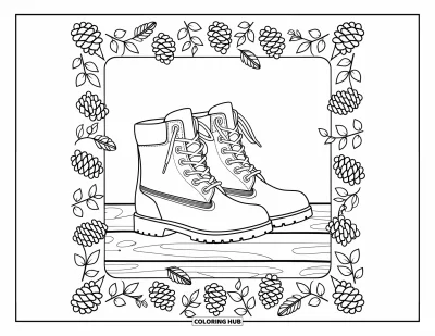 Coloriage d'automne douillet pour adultes : Une paire de bottes d'automne posée sur un plancher en bois, encadrée de pommes de pin et de branches