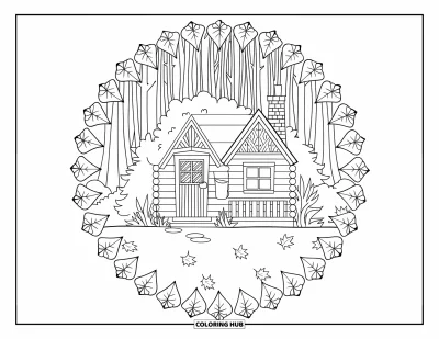 Coloriage d'automne douillet pour adultes : Une paisible cabane en forêt avec une cheminée, entourée de feuilles et d'un mandala feuillu
