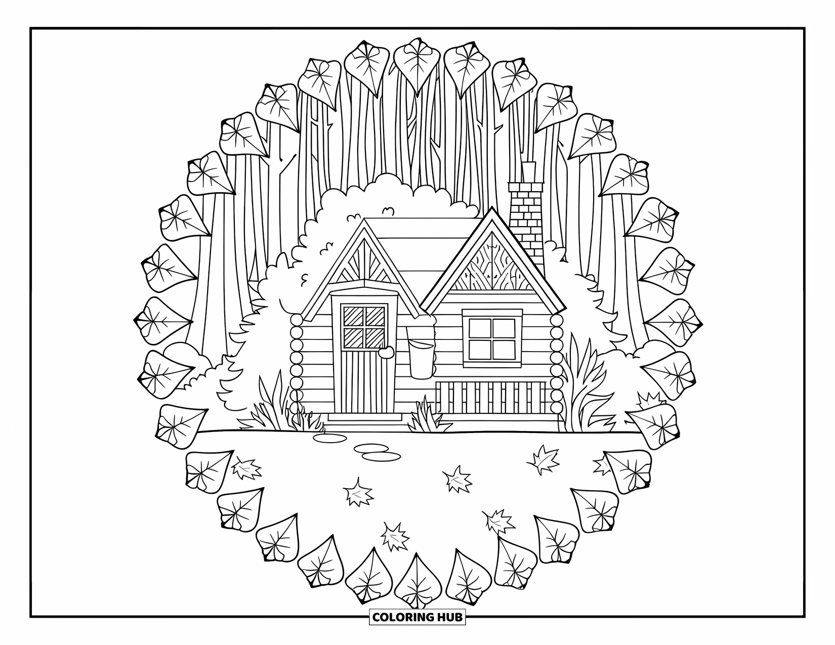Cozy Fall Coloring Page for Adults: A peaceful forest cabin with a chimney, surrounded by leaves and a leafy mandala