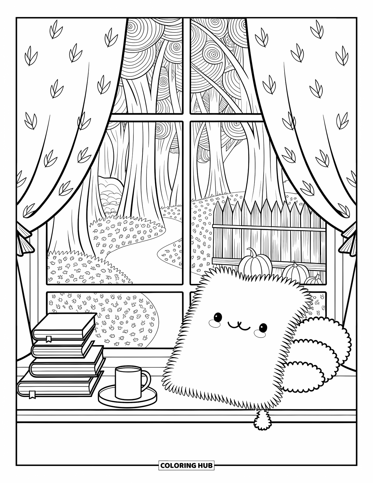 Cozy Fall Coloring Page for Adults: A peaceful windowsill scene with tea, books, and trees covered in autumn leaves