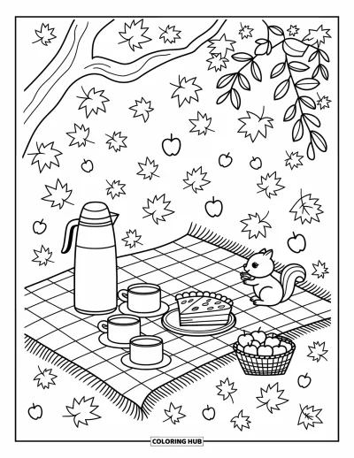 Coloriage d'automne douillet pour adultes : Une couverture de pique-nique en forêt avec une tarte, des pommes et un petit écureuil curieux