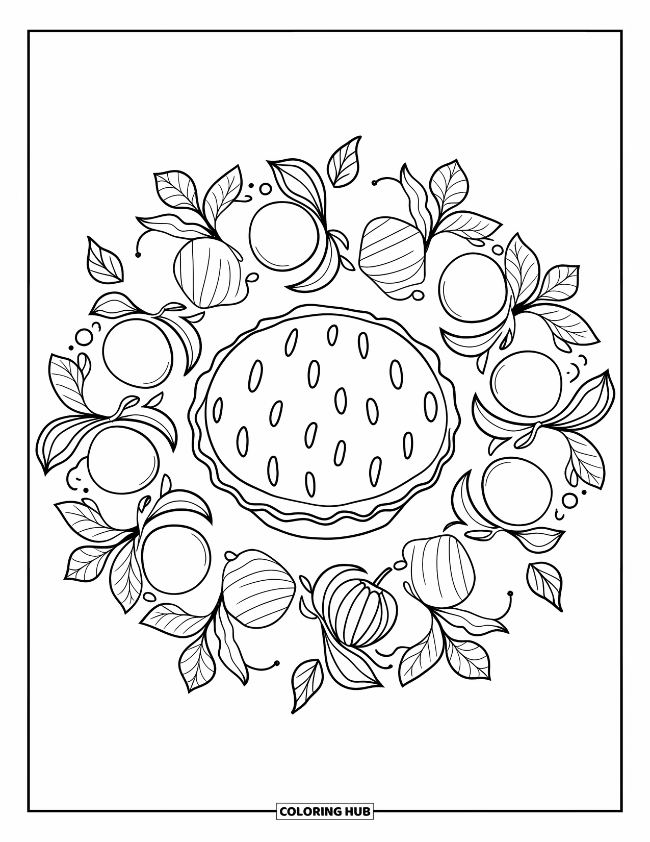 Cozy Fall Coloring Page for Adults: A pie dish sits in the middle of a fruit and leaf mandala